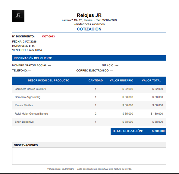 Ejemplo de orden de compra y cotización con tu marca